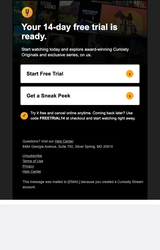 Curiosity Stream promotional email, full length