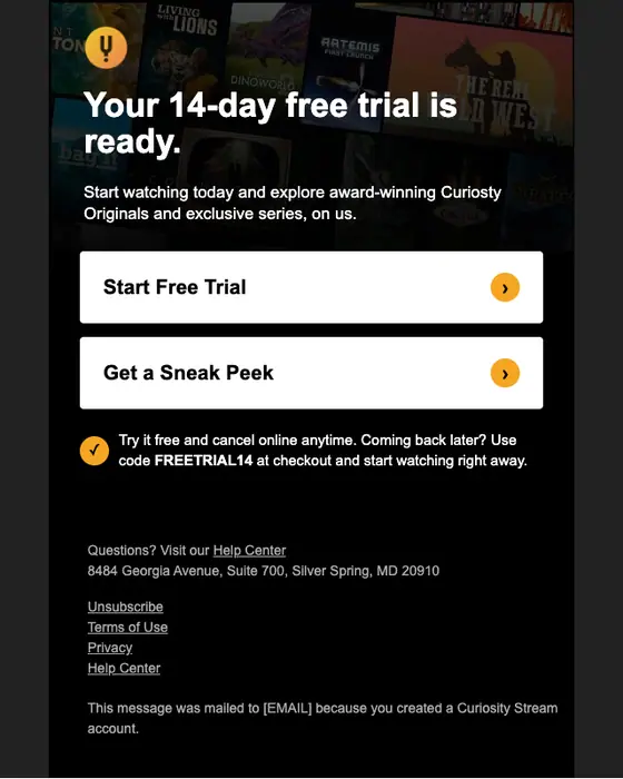 Curiosity Stream promotional email