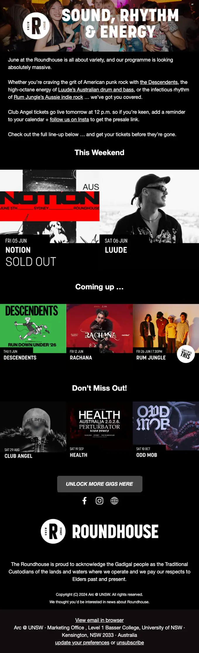 ROUNDHOUSE newsletter email, full length