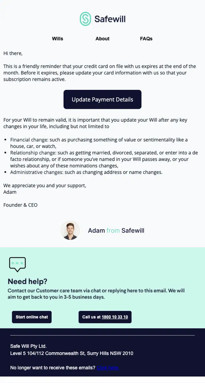 Safewill account notice email, full length