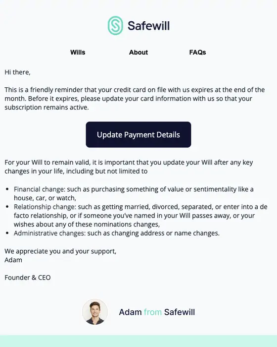 Safewill account notice email
