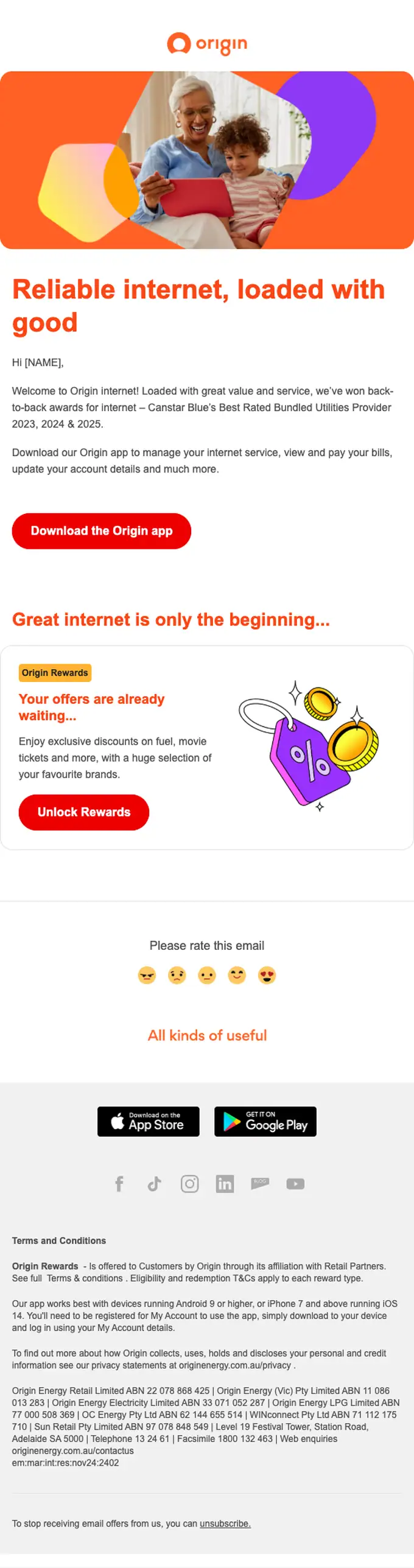 Origin Energy welcome email, full length