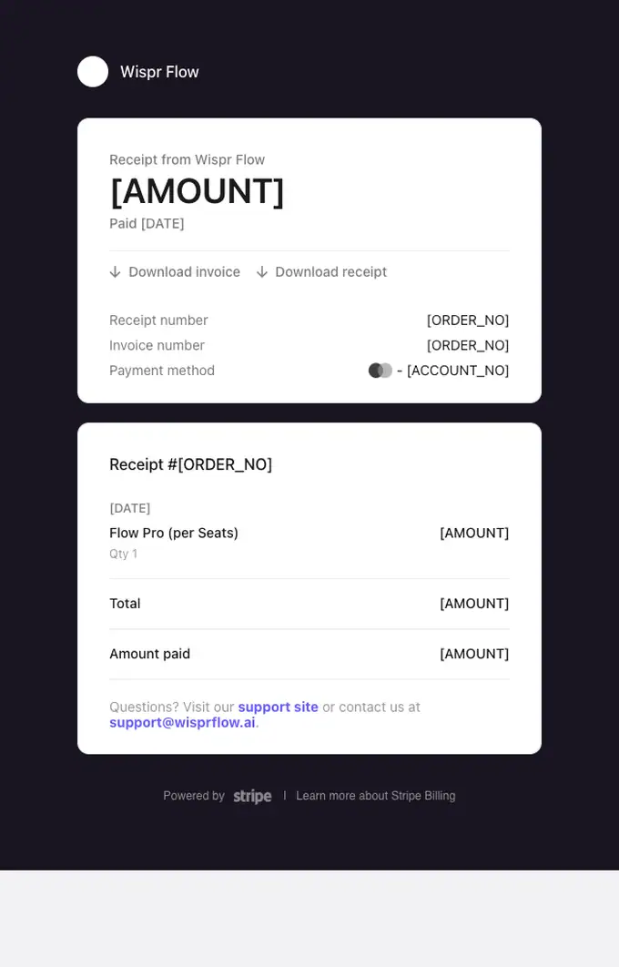 Wispr Flow receipt email, full length