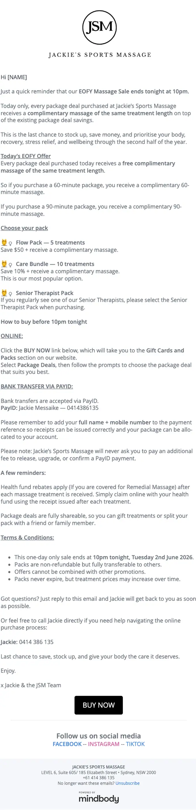 JACKIE'S SPORTS MASSAGE sale email, full length