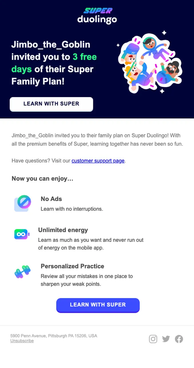 Duolingo subscription email, full length