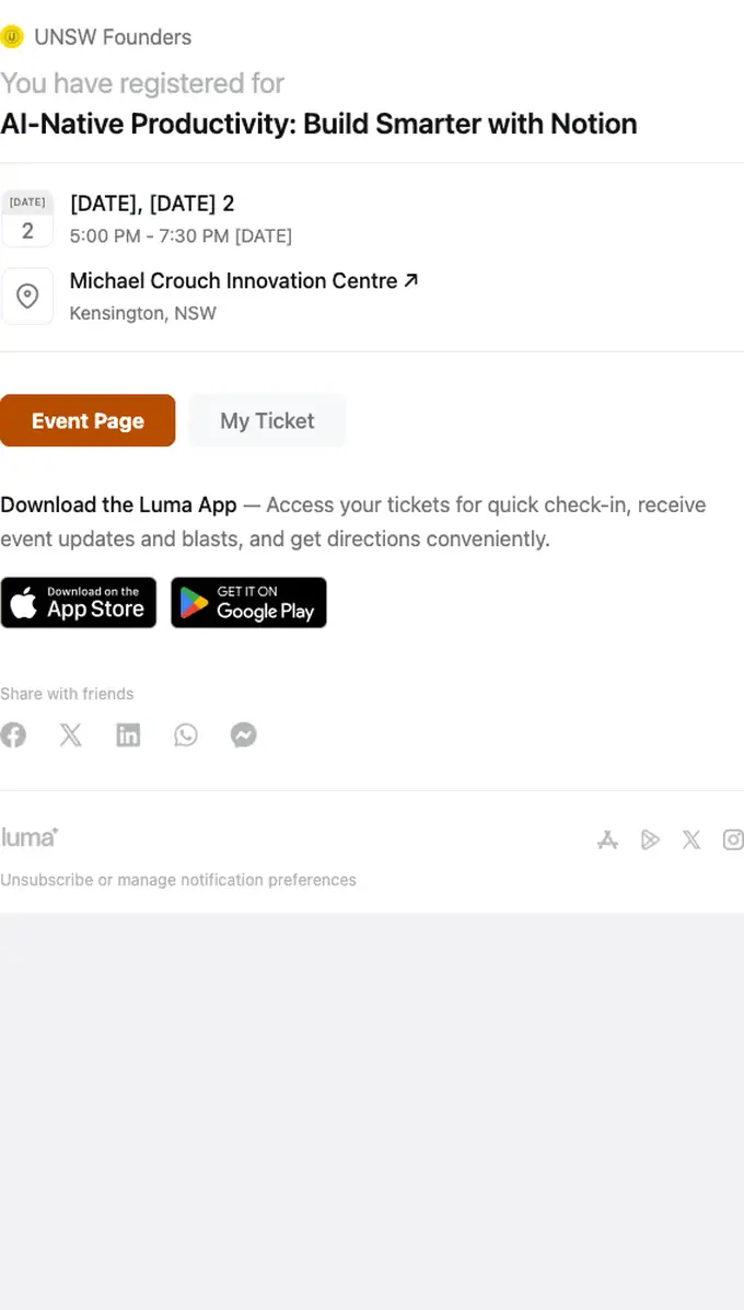 UNSW Founders booking confirmation email, full length