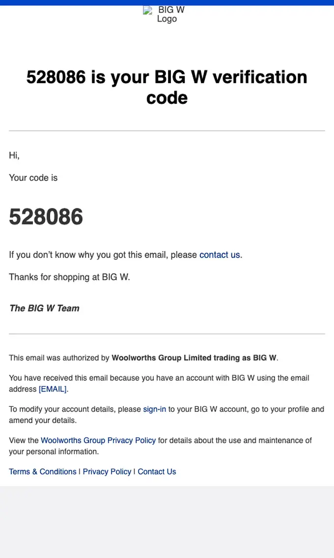 BIG W otp email, full length
