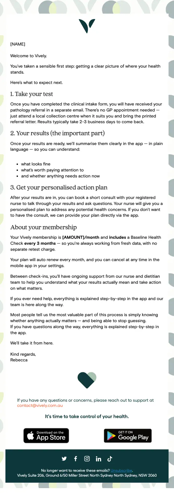 Vively welcome email, full length