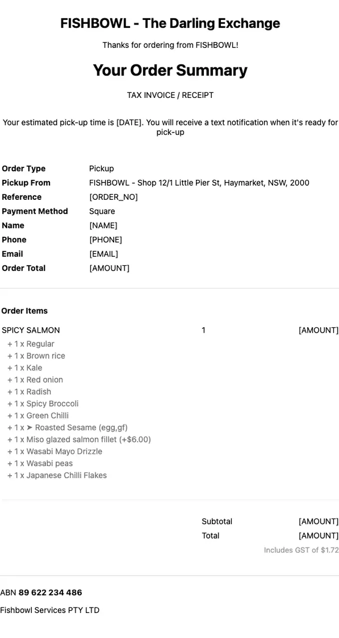 FISHBOWL order confirmation email, full length