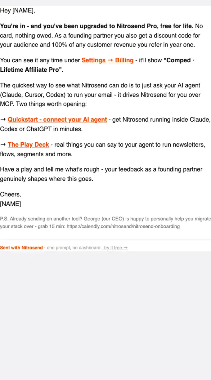 Nitrosend welcome email, full length