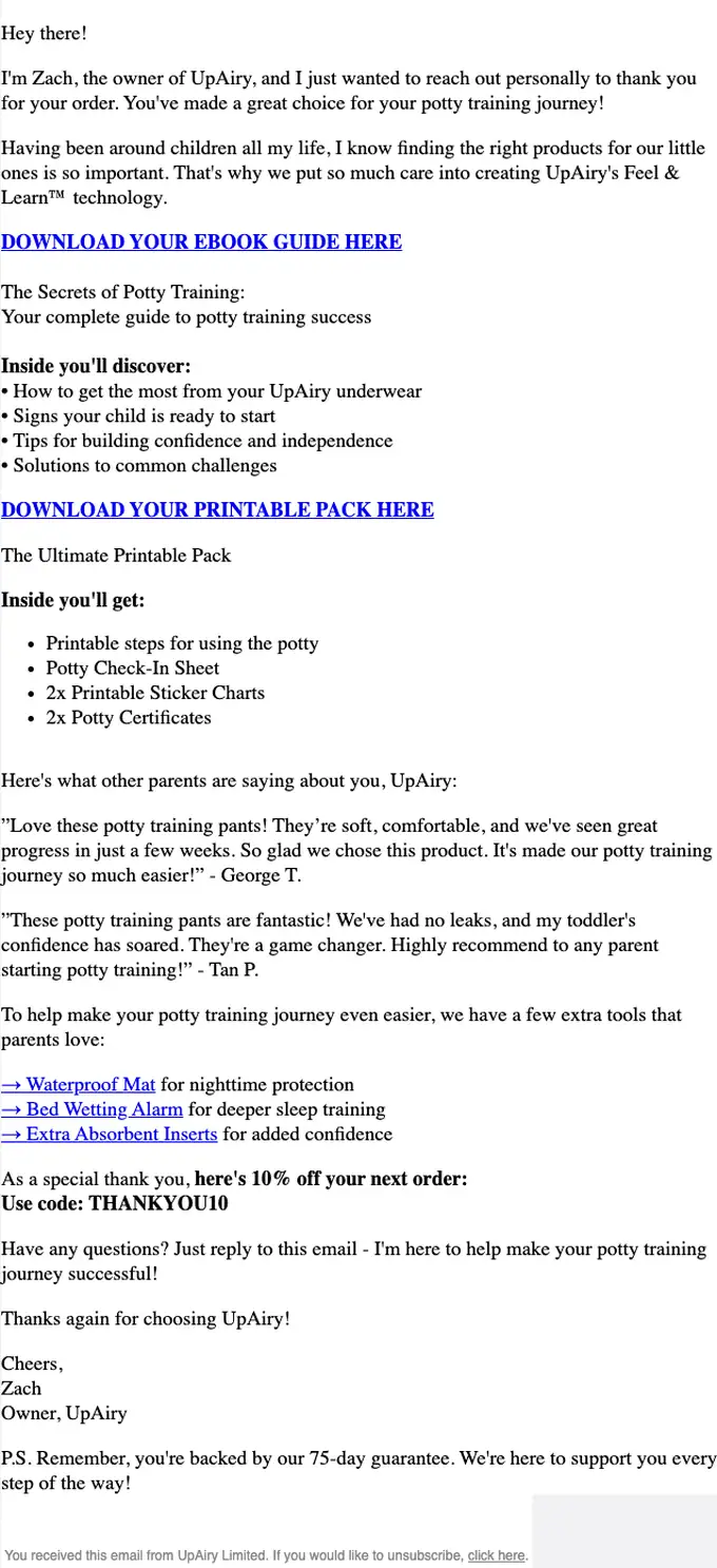 UpAiry order confirmation email, full length