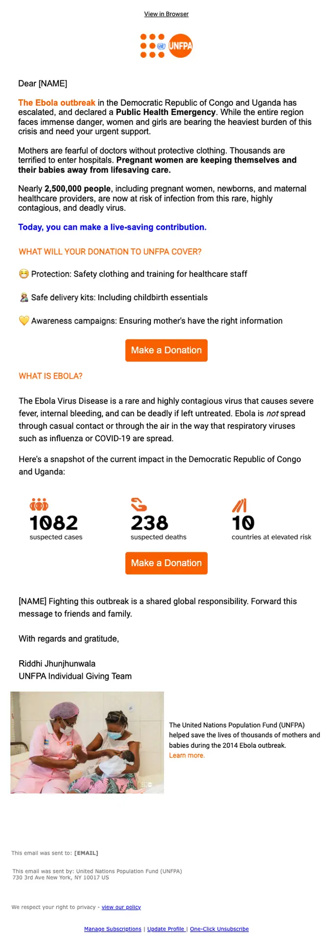 United Nations Population Fund (UNFPA) promotional email, full length