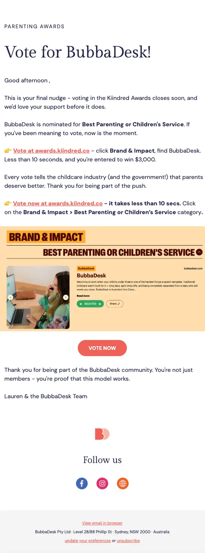 BubbaDesk survey email, full length