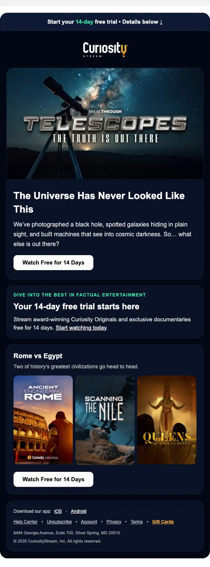 Curiosity Stream promotional email, full length