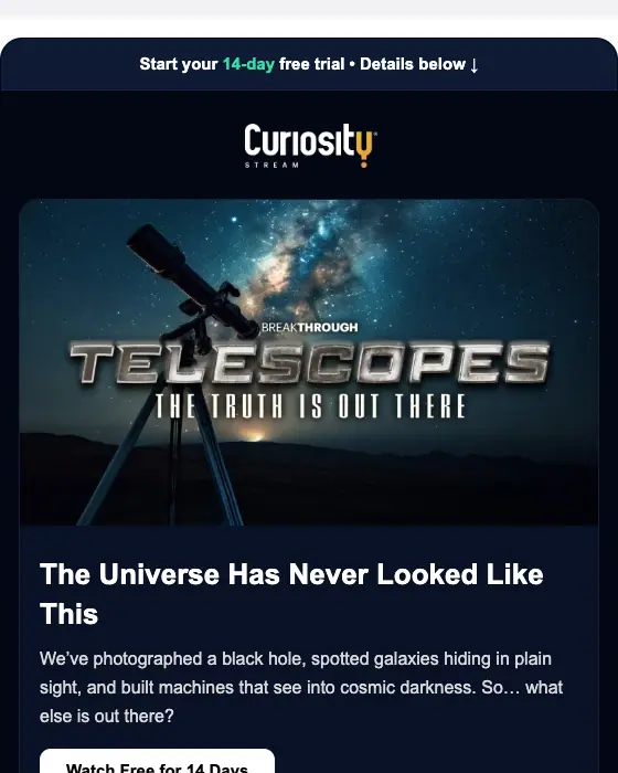Curiosity Stream promotional email