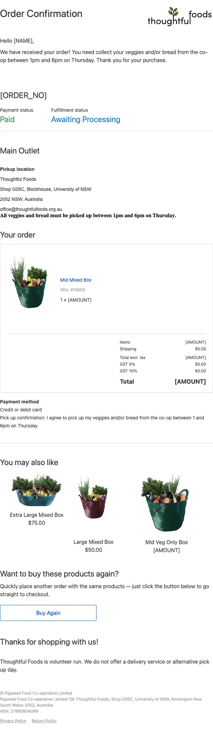 Thoughtful Foods order confirmation email, full length