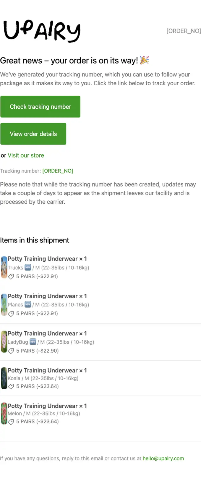 UpAiry shipping email, full length