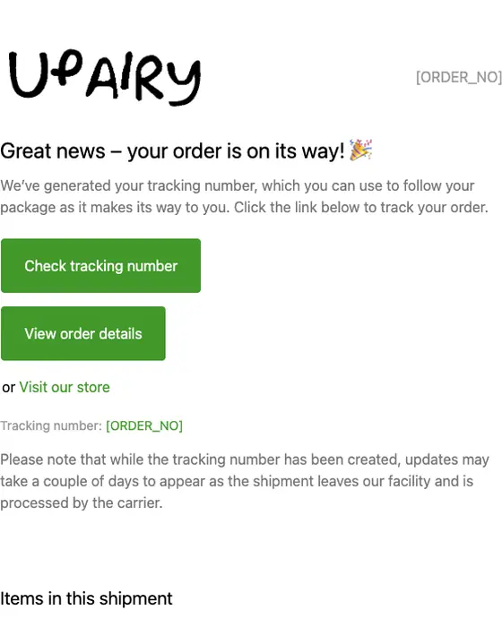 UpAiry shipping email
