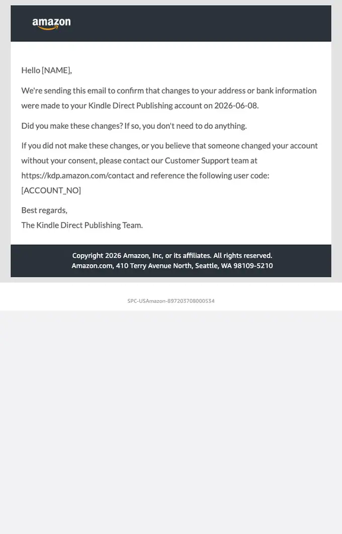 Amazon Kindle Direct Publishing security alert email, full length