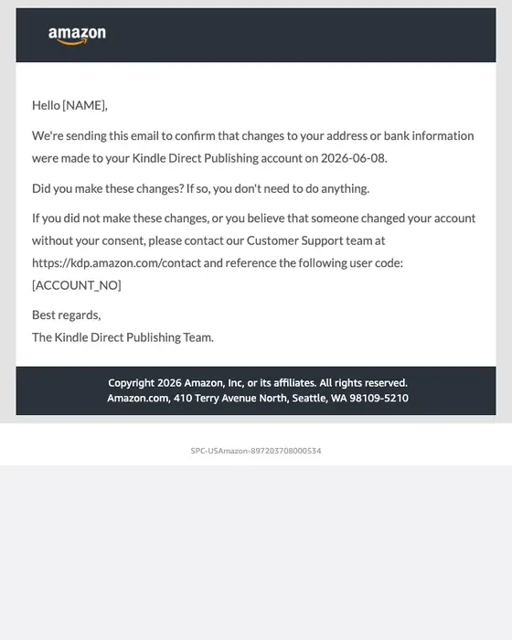 Amazon Kindle Direct Publishing security alert email