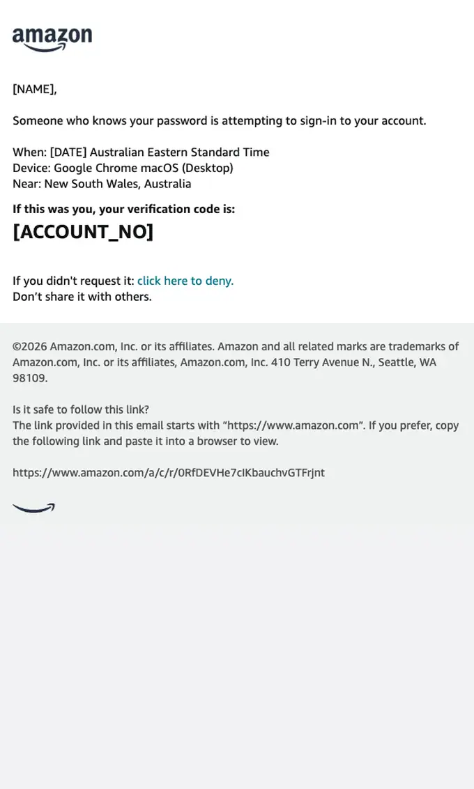 Amazon security alert email, full length