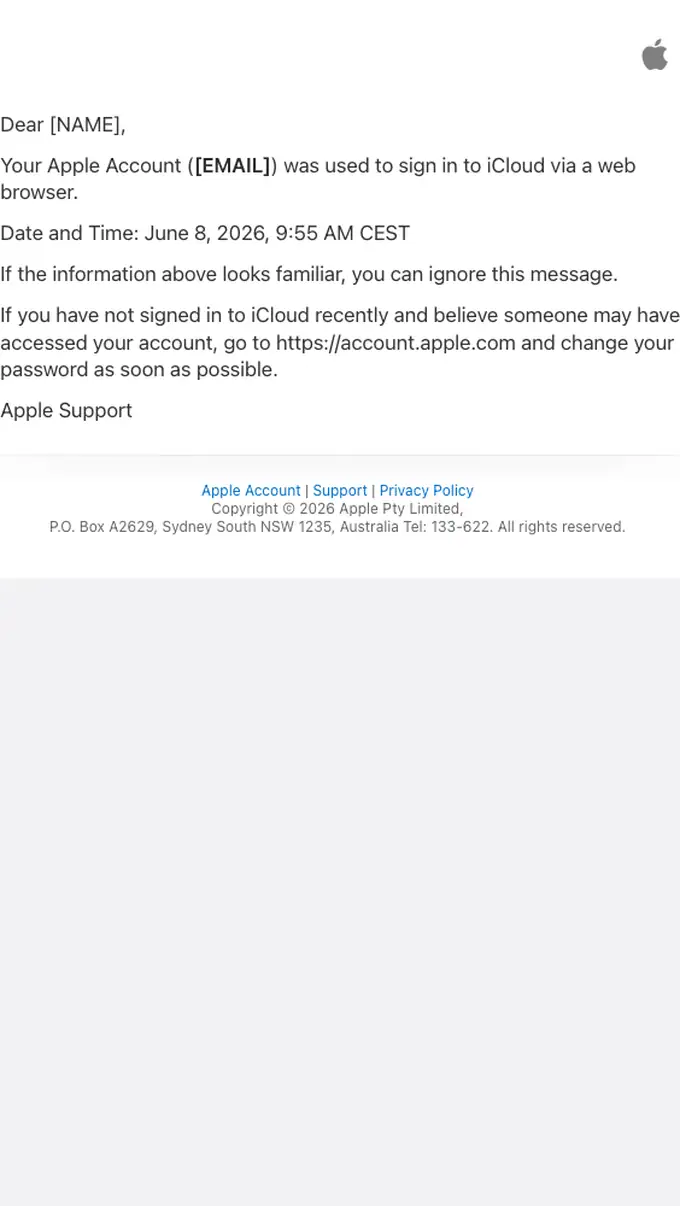 Apple security alert email, full length