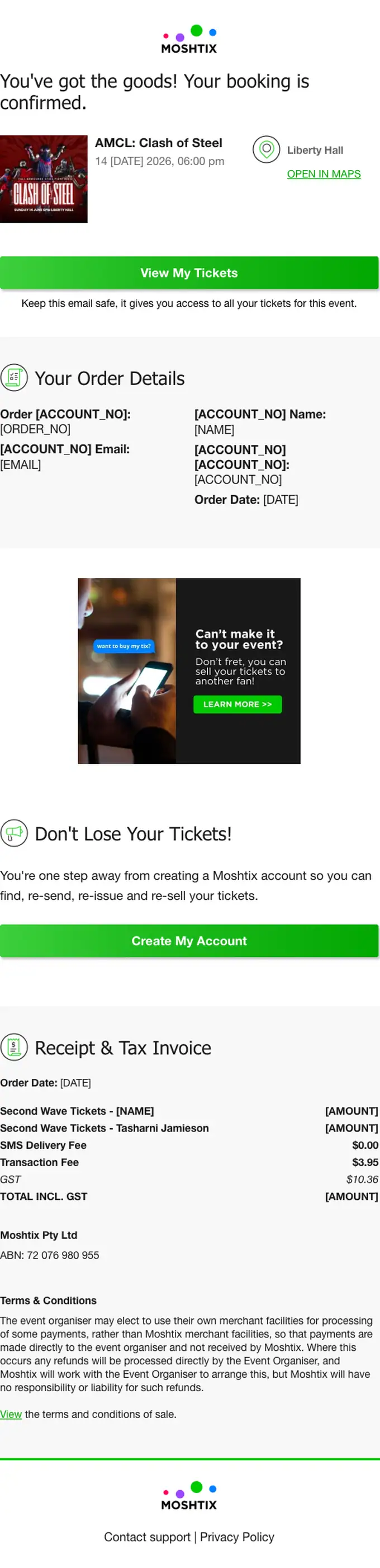 Moshtix booking confirmation email, full length