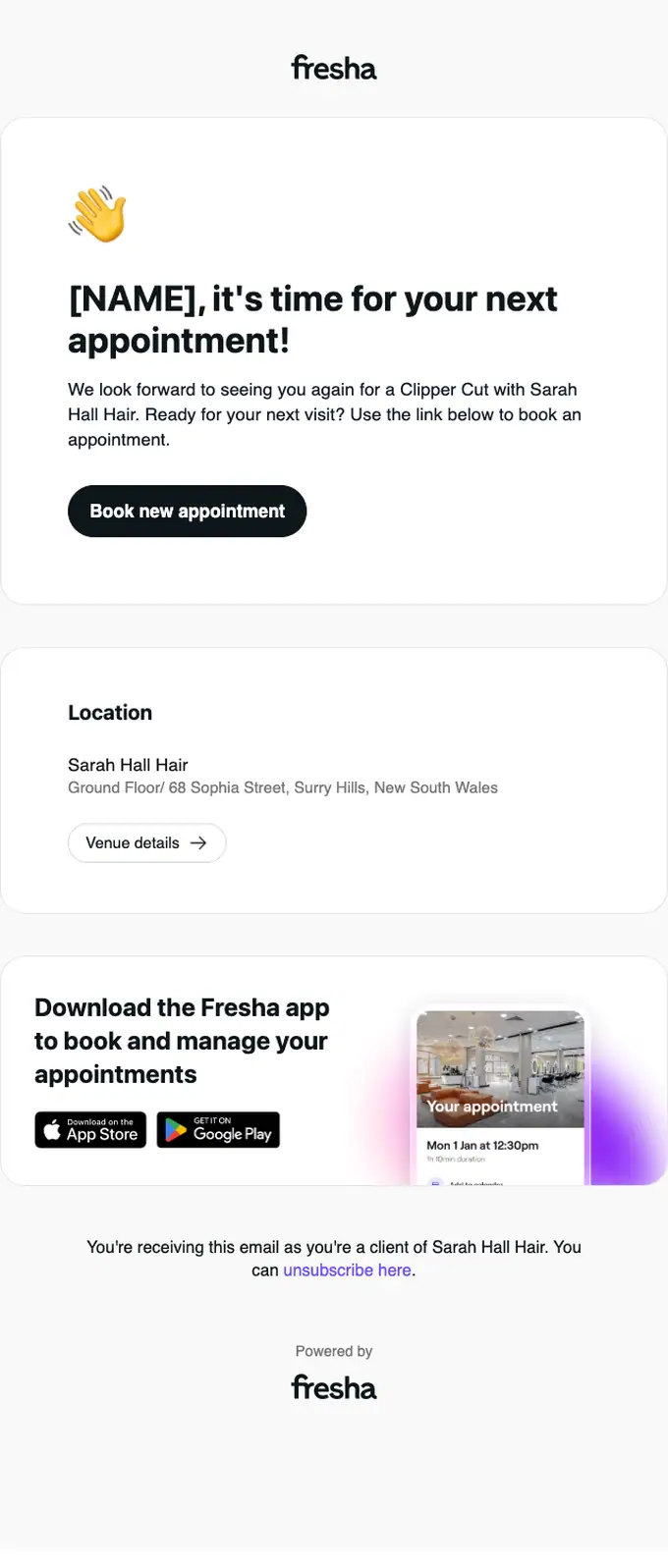 Sarah Hall Hair re engagement email, full length
