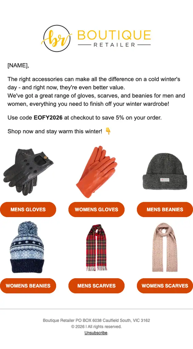 Boutique Retailer sale email, full length