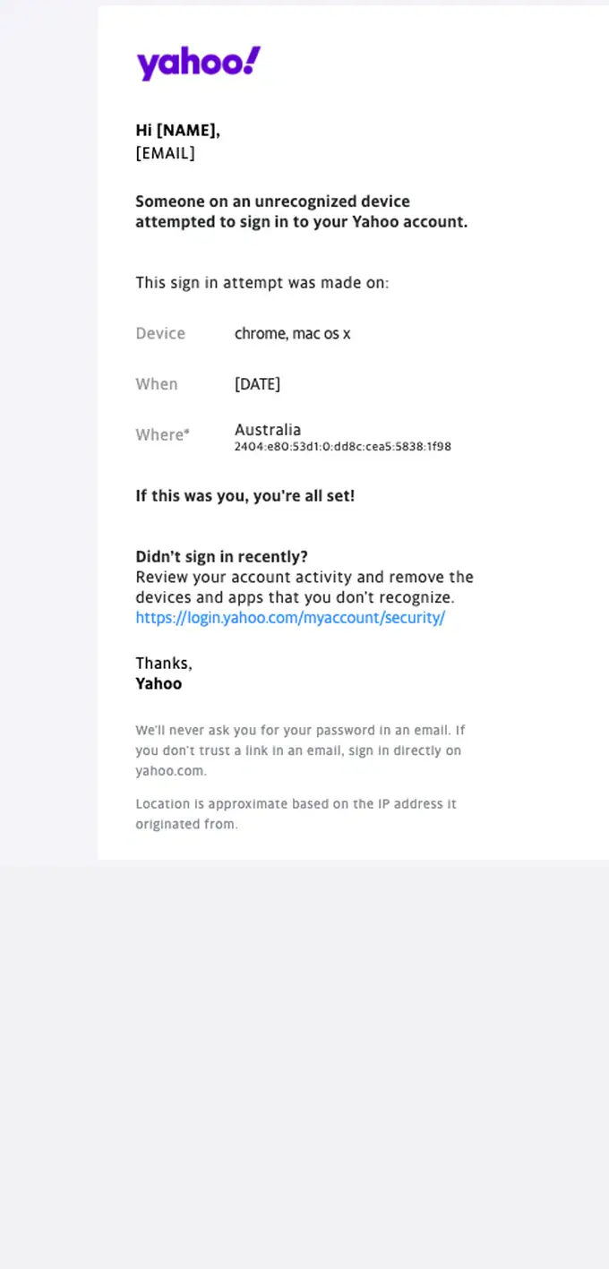 Yahoo security alert email, full length