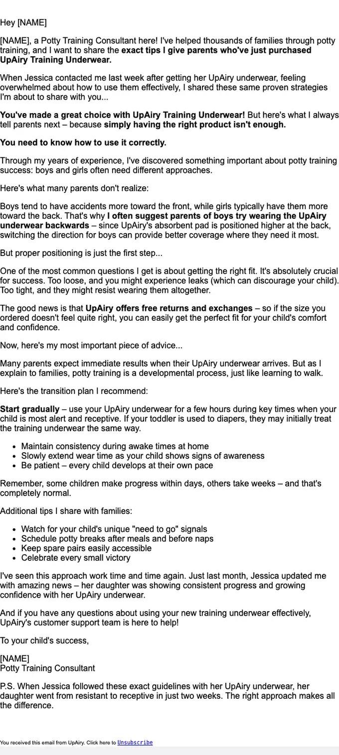 UpAiry instructional email, full length