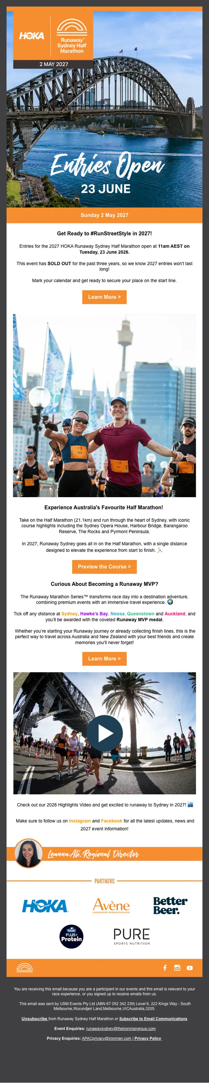 Runaway Sydney Half Marathon event invite email, full length