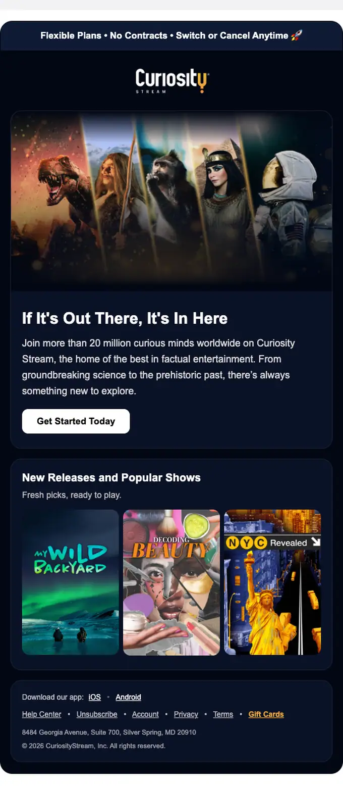 CuriosityStream welcome email, full length