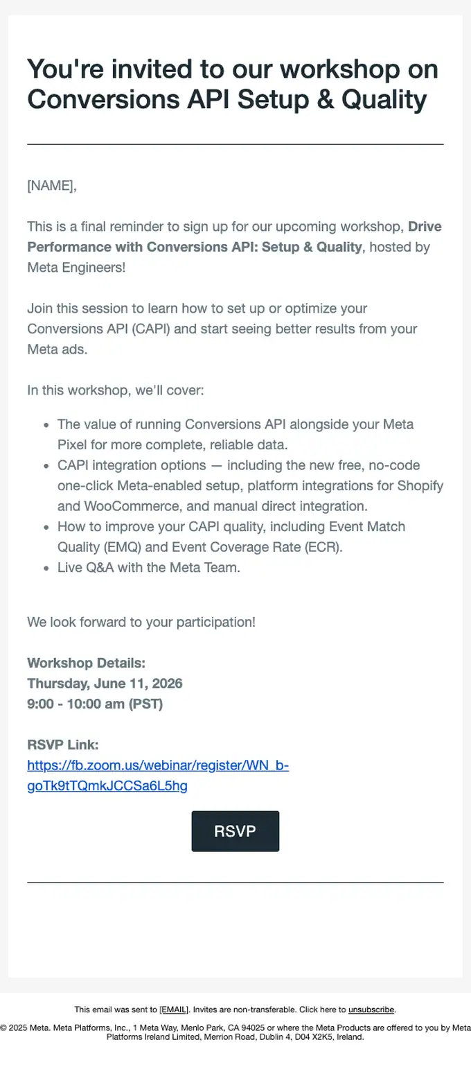 Meta event invite email, full length