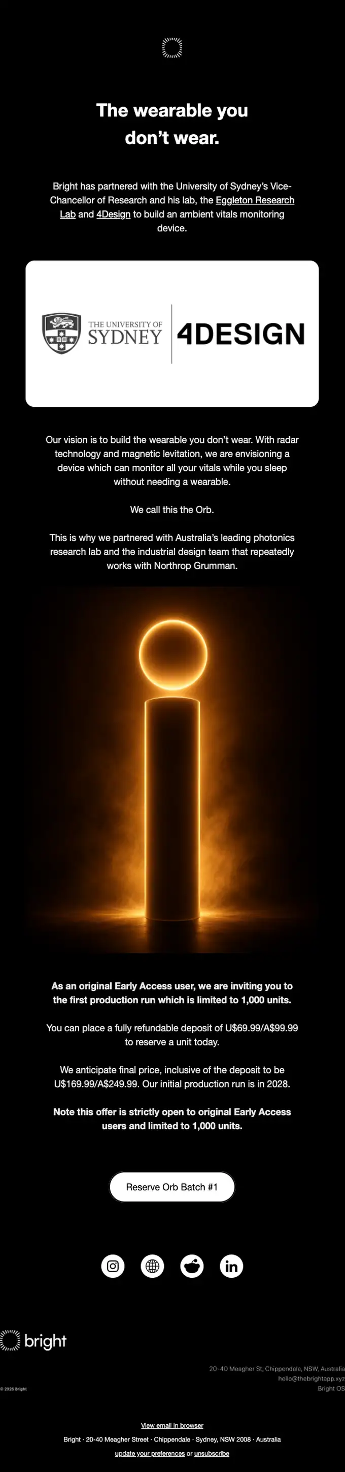 Bright OS product launch email, full length