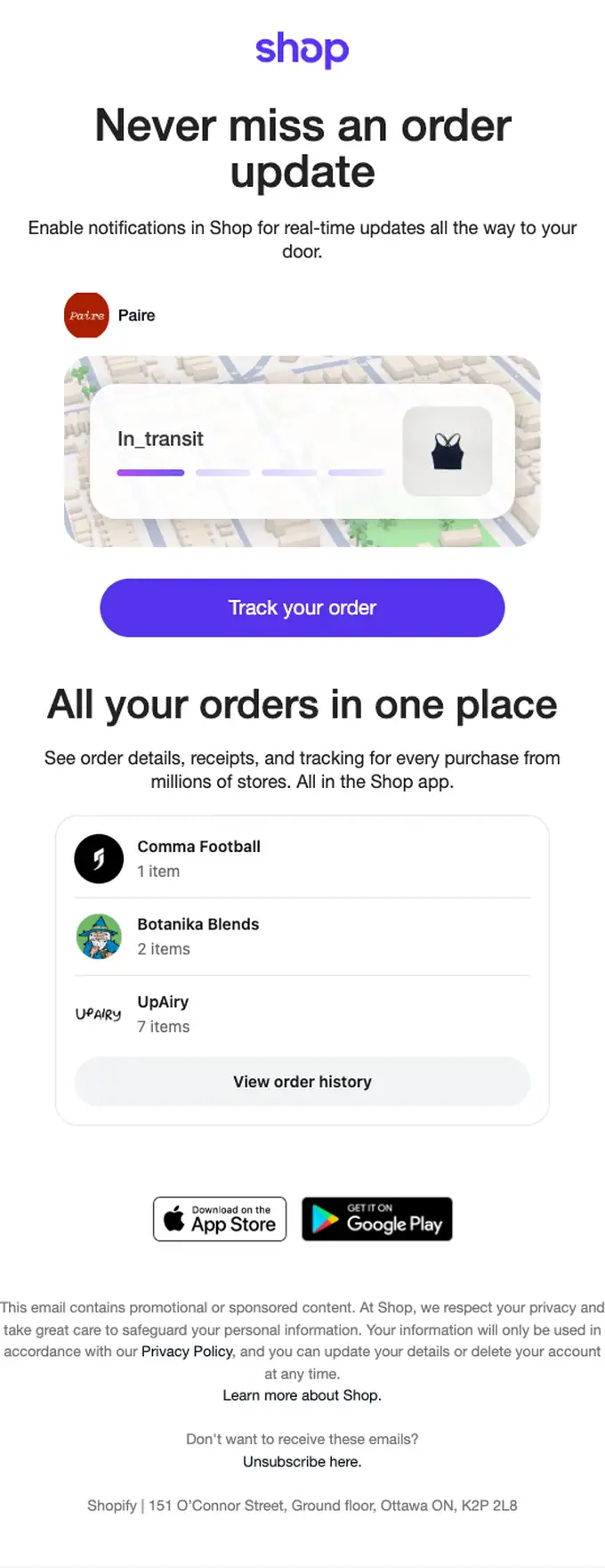 Shop tracking email, full length