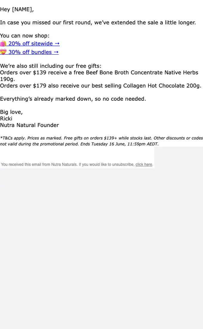 Nutra Naturals sale email, full length