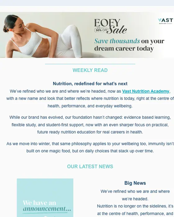 Vast Fitness Academy promotional email