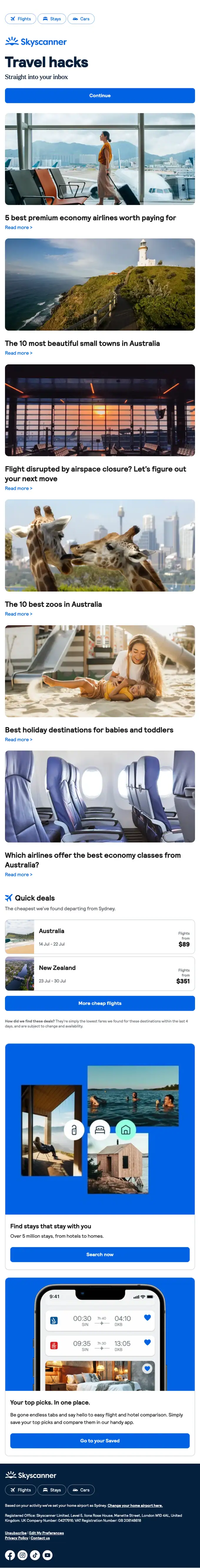 Skyscanner newsletter email, full length