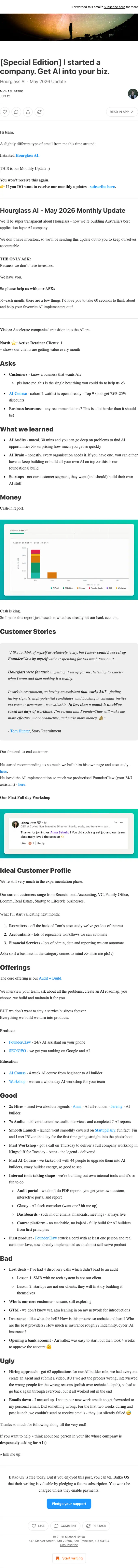 Hourglass AI newsletter email, full length