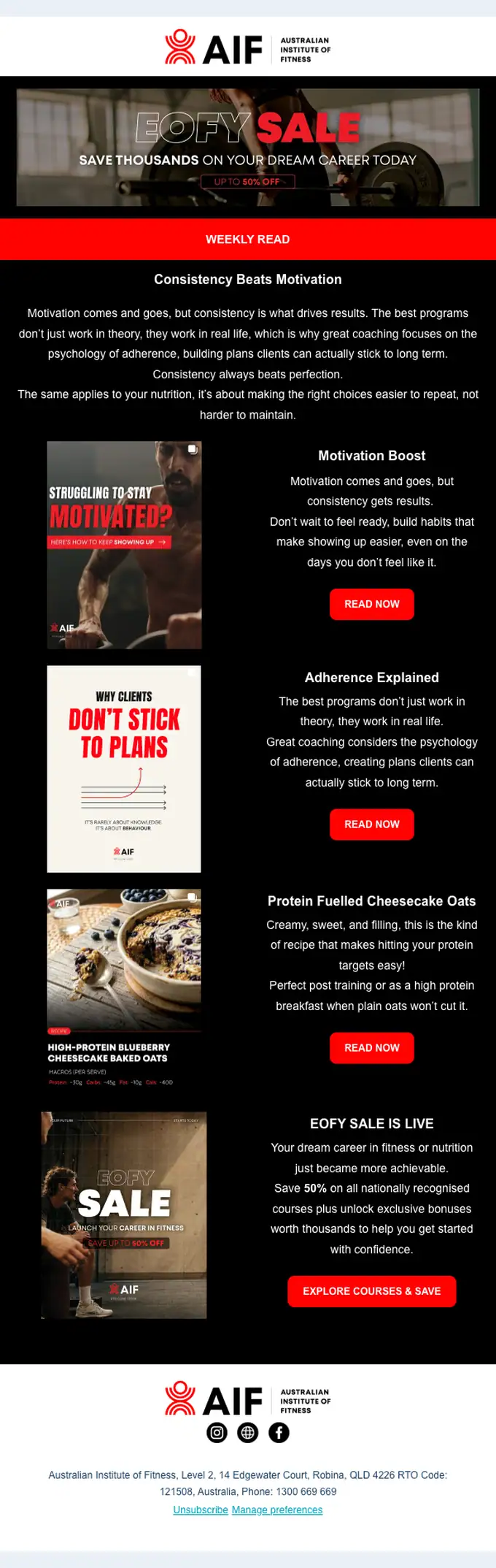 Australian Institute of Fitness newsletter email, full length