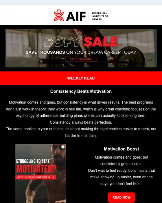 Australian Institute of Fitness newsletter email