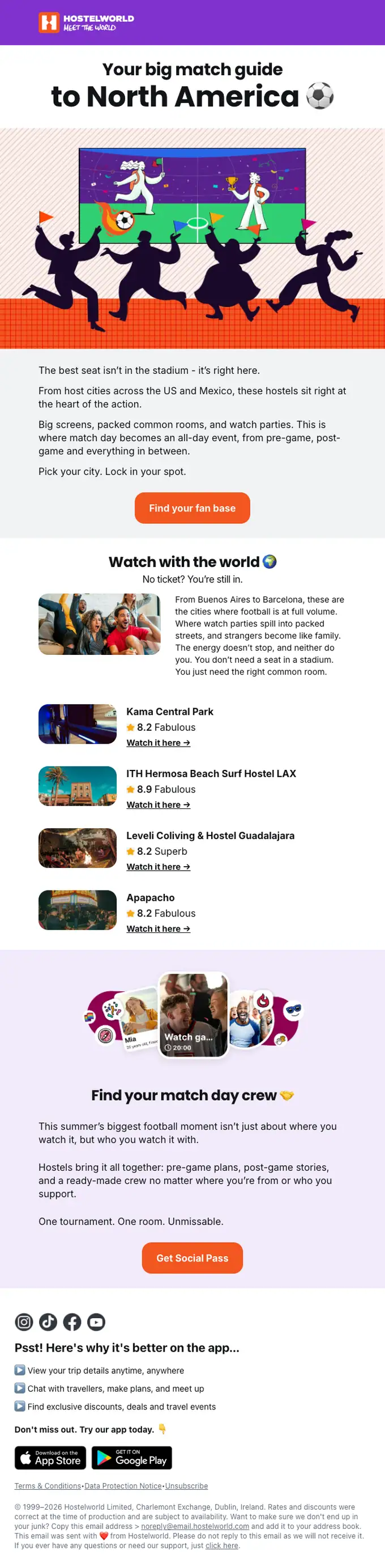 Hostelworld promotional email, full length