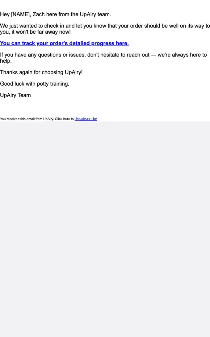 UpAiry shipping email, full length