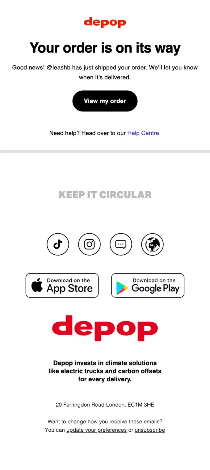 Depop shipping email, full length