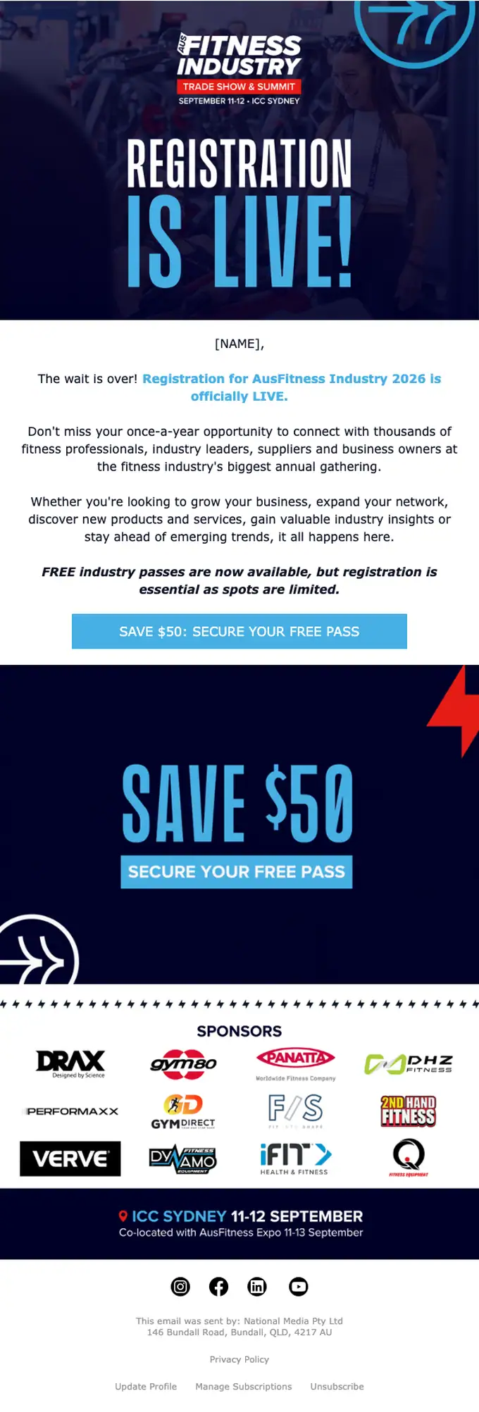 AusFitness Industry event invite email, full length