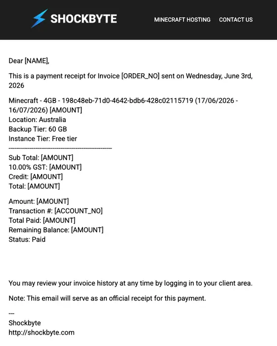 Shockbyte payment confirmation email