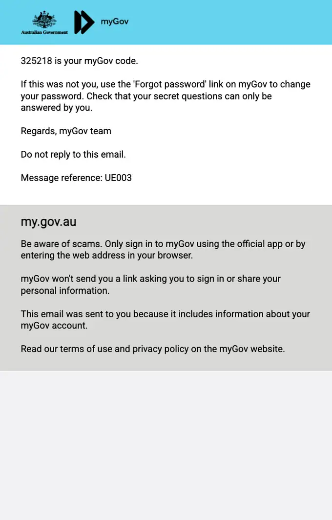 myGov password reset email, full length