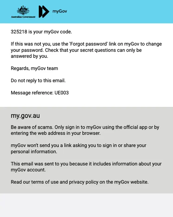 myGov password reset email
