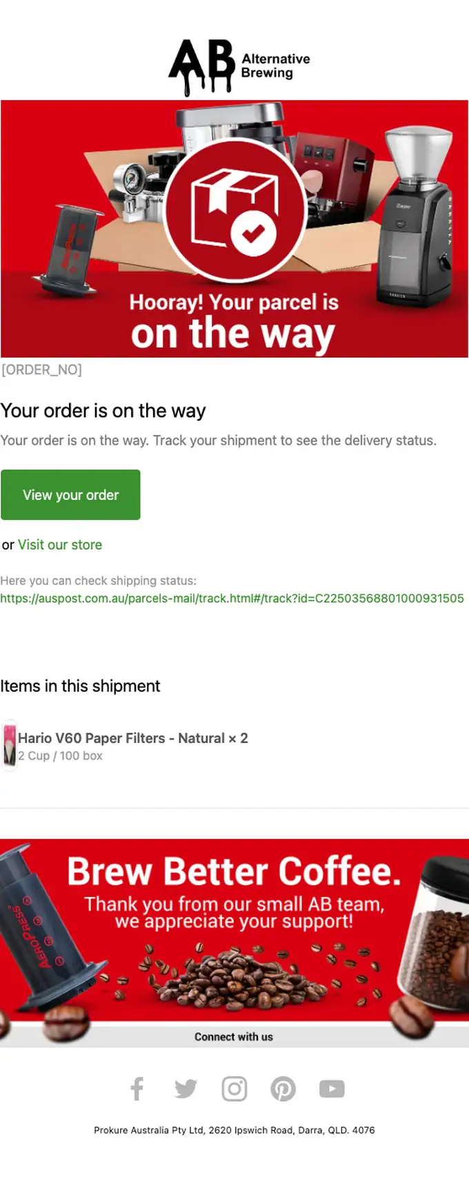Alternative Brewing shipping email, full length